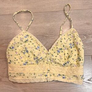 Aeropostale Floral Cami Crop Top Yellow XSmall XS Lace Trim Button Front Summer‎